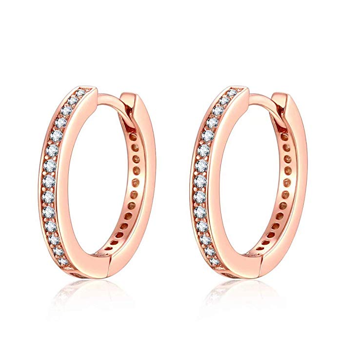 Presentski 14K Rose Gold Plated Cuff Earrings Huggie Stud |925 Sterling Silver Cubic Zircoia Round Hoop Earrings for Women