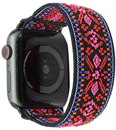 Tefeca Red Embroidery Ethnic Pattern Elastic Compatible/Replacement Band for Apple Watch 38mm/40mm (Black Adapter for 38mm/40mm Apple Watch, Wrist Size : 6.0-6.4 inch (L2))