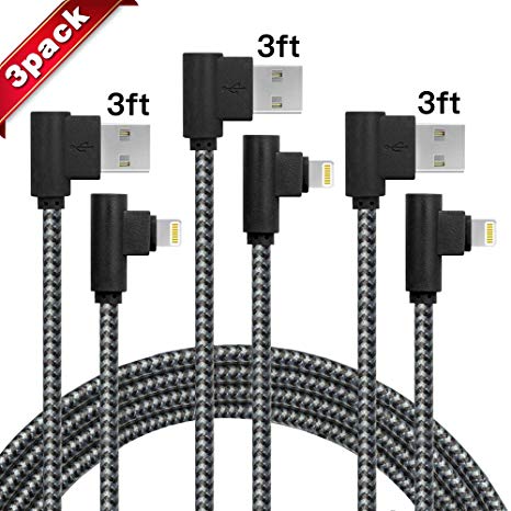 iPhone Charger 3 Pack(3/3/3FT) 90 Degree Right Angle Data Cable Nylon Braided Compatible with iPhone X and Other Models(Black Gray)