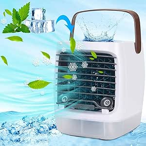 Portable Air Conditioner, 2.0 Portable AC, Evaporative Air Cooler for Room,Swamp Cooler Cooling Fan,3 Speeds,7 Color Lights Personal Mini Air Conditioner for Bedroom Car Office Camping