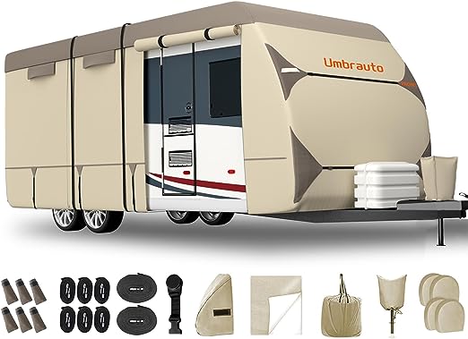 Umbrauto Travel Trailer RV Cover 2023 Upgraded 7 Layers Top 3 Layers Side Waterproof Camper Cover for 23' to 24' RV with 4 Trailer Tire Covers,Tongue Jack Cover,Gutter Cover and Extra Windproof Ropes