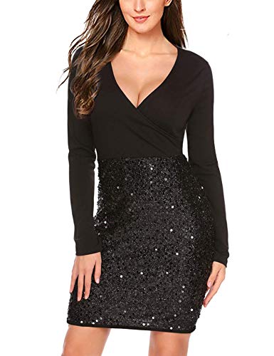 Hotme Women's Sequin Glitter V Neck Long Sleeve Sexy Wrap Front Bodycon Stretchy Mini Party Dress
