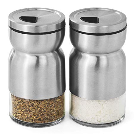 Foraineam Salt and Pepper Shakers with Adjustable Pour Holes, Elegant Stainless Steel Salt and Pepper Dispenser with Glass Bottom, Set of 2