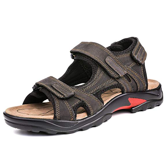 Camfosy Mens Athletic Outdoor Leather Sandals Hiking Walking Shoes Summer Sports Open Toe Beach Flat Sandals