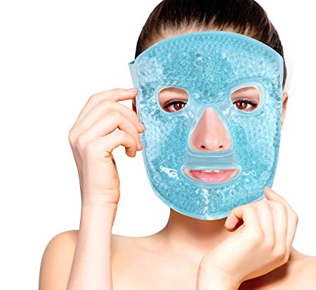 Hot and Cold Therapy Gel Bead Full Facial Mask by FOMI Care | Ice Face Mask for Migraine Headache, Stress Relief | Reduces Eye Puffiness, Dark Circles | Fabric Back (Full Face w/Eye Holes)