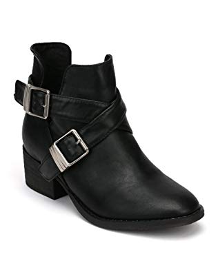Breckelle's Women Leatherette Designer Cut Out Round Toe Ankle Bootie AD94 - Black