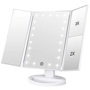 Lighted Makeup Mirror, Tri-fold Vanity Mirror with 3X/2X/1X Magnification,21 Natural LED Nights and Touch Screen, Batteries and USB Power Supply Adjustable Tabletop Cosmetic Mirror (White)
