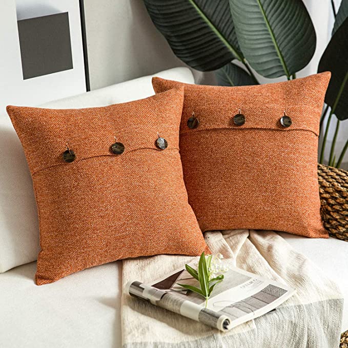 Phantoscope Farmhouse Throw Pillow Covers Triple Button Vintage Linen Decorative Pillow Cases for Couch Bed and Chair Orange, 26 x 26 inches 65 x 65 cm, Pack of 2