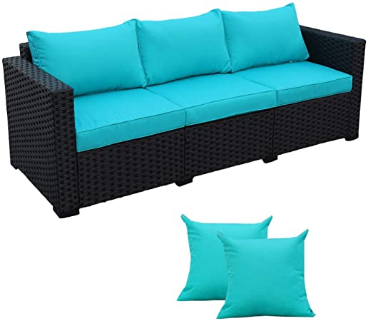 Patio PE Wicker Couch - 3-Seat Outdoor Black Rattan Sofa Furniture with Turquoise Cushion