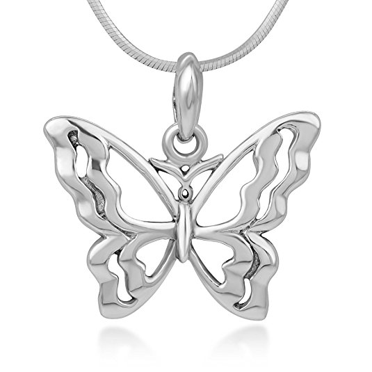 925 Sterling Silver Open Filigree Beautiful Butterfly Pendant Necklace for Women, 18 Inches Chain