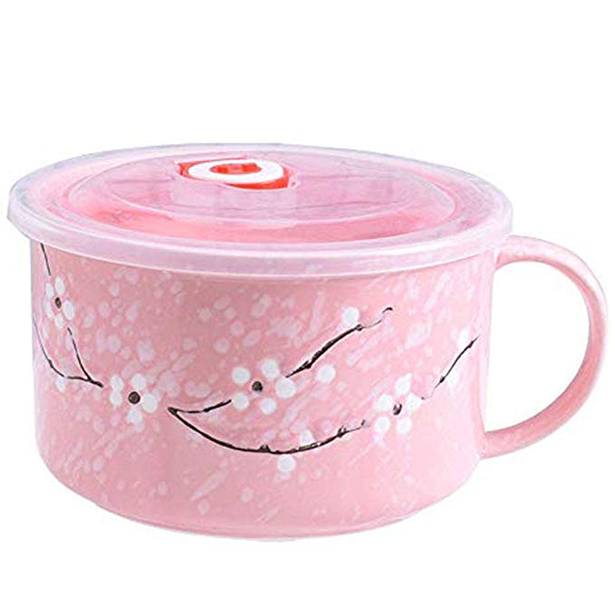 Asian Soup Bowls with Lid and Handles, Japanese Style Microwavable Ceramic Noodle/Soup Bowls Lid with and Handles (Pink)