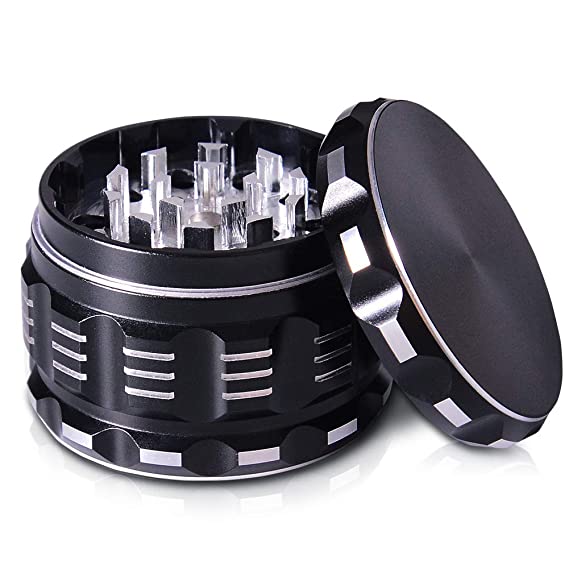 Fuzion Herb Grinder 4 Piece, Dry Herb Grinder Aluminum, 2.5 Inch Large Grinders with Keef Catcher, Black