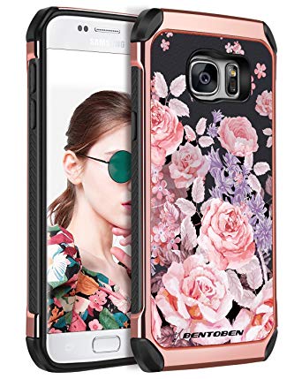 BENTOBEN Case for Galaxy S7, Shockproof Rose Flower 2 in 1 Dual Layer Faux Leather Hard Case Soft Bumper Protective Cover for Samsung Galaxy S7 for Girl Women, Rose Gold/Black