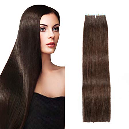 SUYYA Tape in Hair Extensions 100% Remy Human Hair 20 inch 20pcs 50g/pack Straight Seamless Skin Weft Tape Hair Extensions(20Inch Color 2 Darkest Brown)