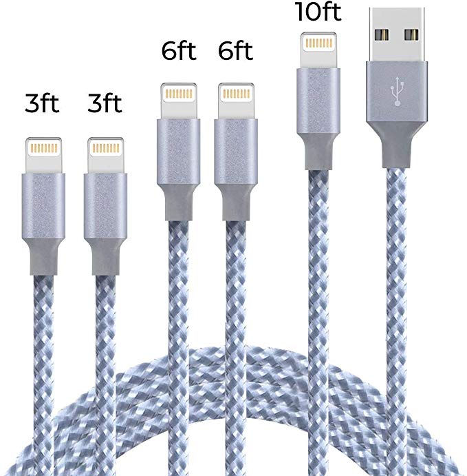 iPhone Charger,MFi Certified Lightning Cable Compatible with iPhone Xs/Max/XR/X/8/8Plus/7/7Plus/6S/6S Plus/SE/iPad/More-Silver 5 Pack (3/6/10FT)