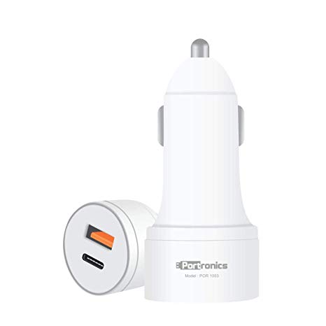 Portronics CarPower PD, Dual Port Car Charger with Type-C PD 18W Port and USB A Qualcomm Quick Charge QC 3.0 Port, LED Indicator (White)