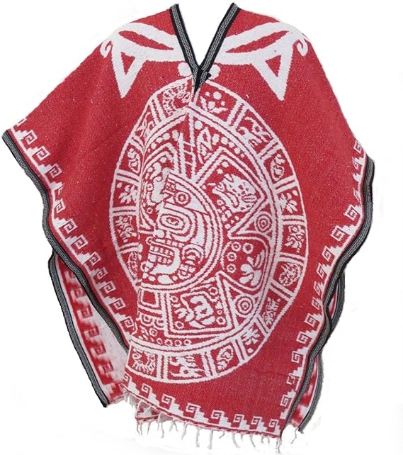 Authentic Mexican Poncho Reversible Cobija Blanket - Aztec Calendar (Red/White)