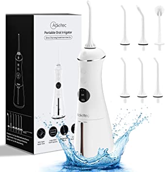 Water Flossers for Teeth Aokitec Cordless Dental Oral Irrigator with 300ML Water Tank, 6 Jet Tips, 2-Hour Fast USB Charging for 30 Days Use, IPX7 Waterproof Oral Irragator for Home, Travel, Office