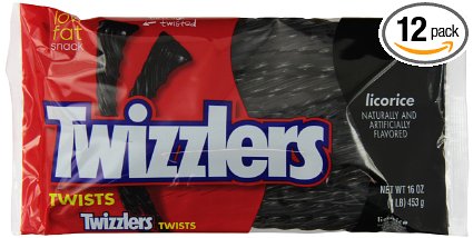 TWIZZLERS Twists, Black Licorice  Candy, 16 Ounce Bag (Pack of 12)