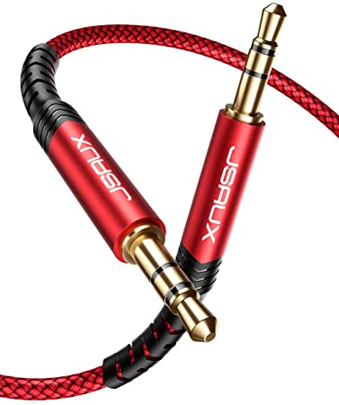 JSAUX AUX Cable 10ft 3.5mm TRRS Auxiliary Audio Cable Nylon Braided Aux Cord Compatible for Car/Home Stereos,Speaker,Headphones,Sony,Echo Dot,Beats - Red