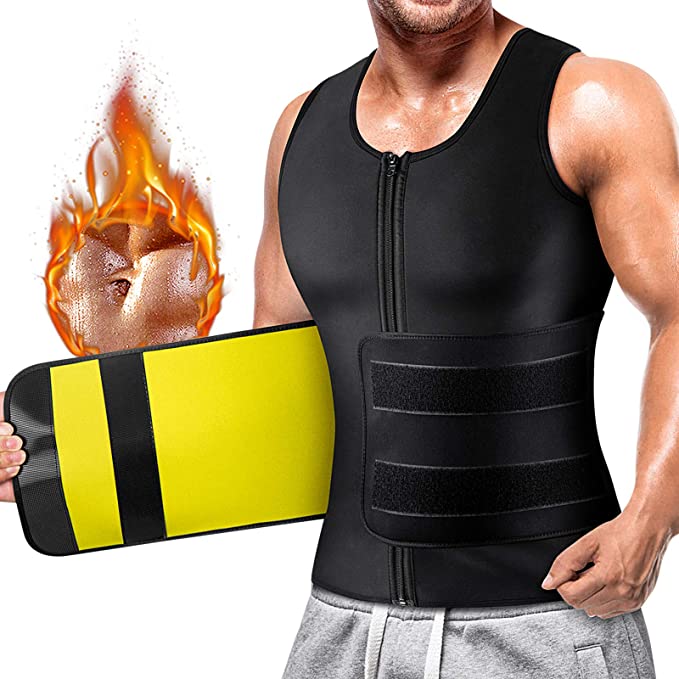 Cimkiz Mens Sauna Vest Sweat Body Shaper Slimming Waist Trainer Neoprene Tank Top Shapewear Shirt Workout Suit with Zip Yellow