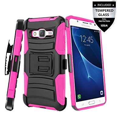 Galaxy J7 Case With Tempered Glass Screen Protector,IDEA LINE(TM)Heavy Duty Armor Shock Proof Dual Layer Holster Locking Belt Swivel Clip with Kick Stand   Stylus Pen(Hotpink/Black)