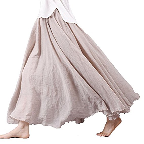 Asher Women's Bohemian Style Elastic Waist Band Cotton Linen Long Maxi Skirt Dress Waist 23.0"-35.0"