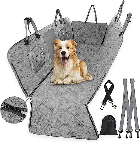 JCHOPE Dog Car Seat Cover for Back Seat with 2-Way Zippers, 100% Waterproof Wearproof 900D Cationic Fabric Dog Seat Cover with Mesh Window Multi-Pocket, Non-Slip Sturdy Dog Hammock for Car SUV Truck