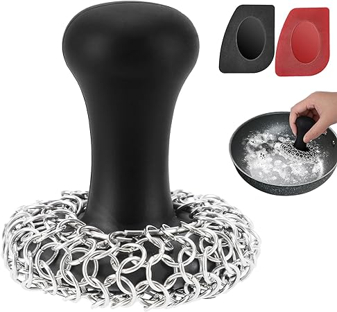 TOPULORS Cast Iron Scrubber & Scraper kit, 316 Stainless Steel Cast Iron Skillet Cleaner Chainmail Scrubber for Cast Iron Pans Dish Scrub Brush Chain Link Scouring Pad for More Pot Cookware Cleaning