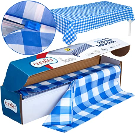Blue Gingham Picnic / Party Plastic Tablecloth Roll, Disposable Picnic colored Table cloth On a Roll With Self Cutter Box,Cut Tablecloth To Your Own Table Size,Indoor/Outdoor, By Clearly Elegant