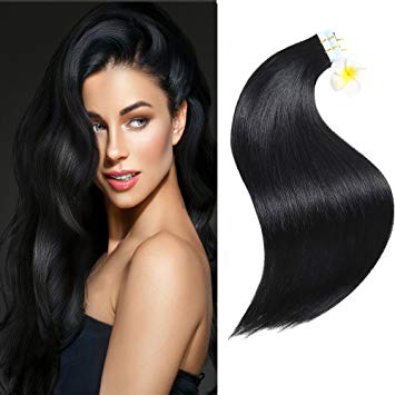 Tape in Hair Extensions Remy Human Hair 18inch 50g 20pcs Straight Seamless Skin Weft Tape Hair Extensions (18inch, 1# Jet Black)