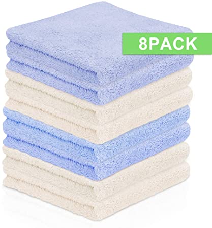 MBLAI Coral Velvet Kitchen Dishcloth, 8 Pack Kitchen Towels, Super Absorbent Dishtowels, Nonstick Oil Washable Fast Drying Towels Machine Washable (Creamy-White  Blue, 12" x 12")