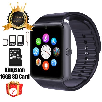 Smart Watch GT08 Bluetooth with 16GB SD Card and SIM Card Slot for Android Samsung S5 S6 Note 4 5 HTC Sony LG and iPhone 5 5S 6 6 Plus Smartphones (Black)