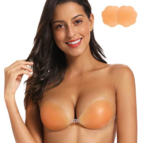 Niidor Adhesive Bra Strapless Sticky Invisible Push up Silicone Bra for Backless Dress with Nipple Covers