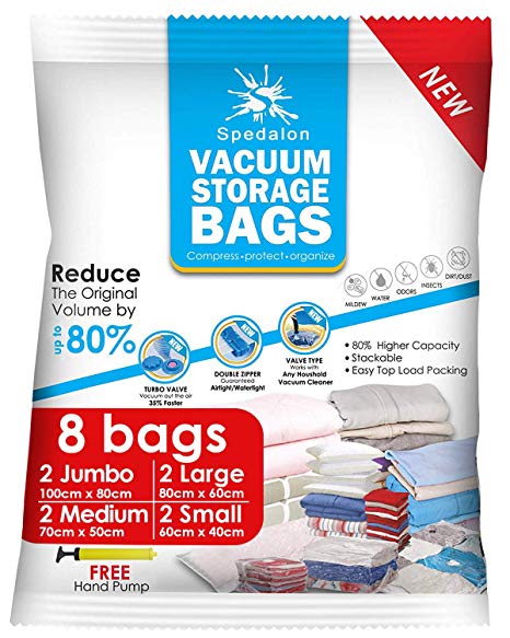 Vacuum Storage Bags - Pack of 8 (2 Jumbo   2 Large   2 Medium   2 Small) ReUsable with free Hand Pump for travel packing | Best Sealer Bags for Clothes, Duvets, Bedding, Pillows, Blankets, Curtains