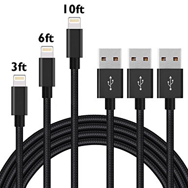 Lightning Cable,Jpinbo 3Pack 3ft 6ft 10ft Nylon Braided High Speed Charging USB Cable Cord for iPhone Charger 7/7 Plus/6/6s/6 Plus/6s Plus (Black)