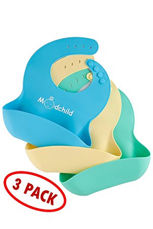 Waterproof Silicone Baby Bibs, 3 Pack! Easy Wipe Clean, soft, Keep Stains Off! Crumb Catcher bib With Large Pocket. For Babies and Toddlers, (Boys, blue green yellow)