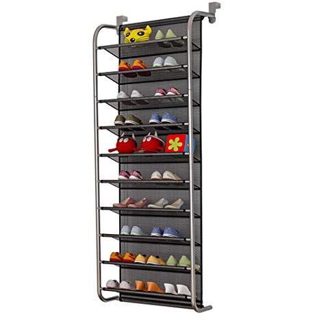 TZAMLI 10-Tier Shoe Rack Over The Door Shoe Organizer Hanging Shoe Storage Shelf Customized Strong Metal Hooks for Closet Pantry (Black, 10 Tier)