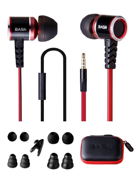 BASN Stereo Earphone with Microphone Flat Cable Tangle Free In-ear Bass Earbud Noise Isolating Metal Headphone In-line Control Headset Compatible for Apple iPhone 6 6plus 5s 5c 5 4s Samsung Galaxy S6 S6 edge Note5 iPad Android Smart Phones Tablets Black