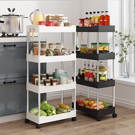 RIIPOO Storage Carts on Wheels, Rolling Storage Cart Organizer with Bins 4-Tier, Storage Trolley with Wheels for Kitchen, Office, Living Room, Bedroom, White