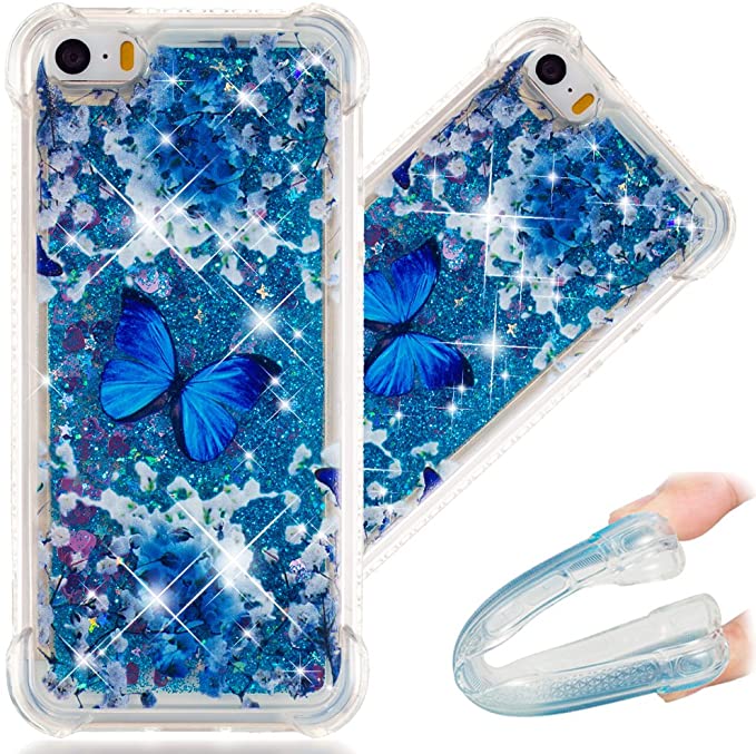 COTDINFORCA iPhone 5S Case, 3D Cute Painted Glitter Liquid Sparkle Floating Bling Quicksand Shockproof Protective Bumper Silicone Case Cover for Apple iPhone SE / 5 5S. Liquid - Blue Butterfly