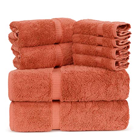Towel Bazaar Luxury Hotel and Spa Quality 100% Premium Turkish Cotton 8 Pieces Eco-Friendly Kitchen and Bathroom Towel Set (2 x Bath Towels, 2 x Hand Towels, 4 x Wash Cloths, Coral)