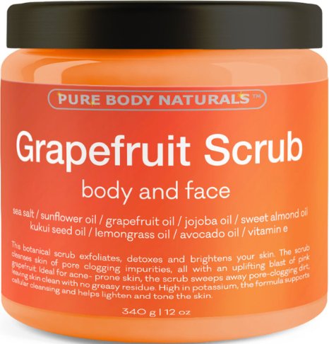 Grapefruit Scrub for Face and Body - Facial Scrub Exfoliator Cleans Acne-Prone Pores and Brightens Complexion - Body Exfoliator Detoxes and Protects Skin - With Grapefruit Oil, Sea Salt, and Vitamin E