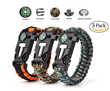 Paracord Survival Bracelet,Vdealen Survival Kit with Flint Fire Starter, Scraper,Compass, Whistle and Parachute Cord Buckle for Hiking Camping,Boating Emergency or Other Outdoor Activities,Pack of 3