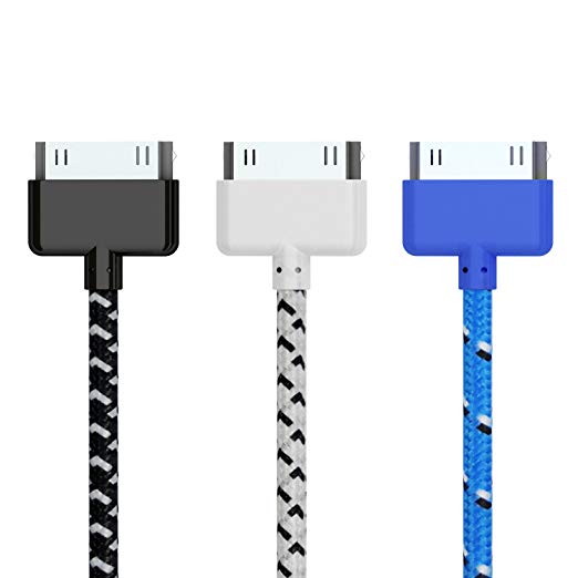 Go Beyond (TM) 3 Feet 30 Pin Nylon Braided Premium Durable USB Charging/Data Sync Cable for Apple iPod, iPhone, and iPad - 3 pack (Black White Blue Nylon)