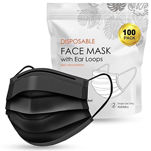 LiRainhan 100Pcs Black Disposable Face Masks,3 Ply Disposable Breathable Face Mask with Elastic Ear Loop for Adult Men & Women