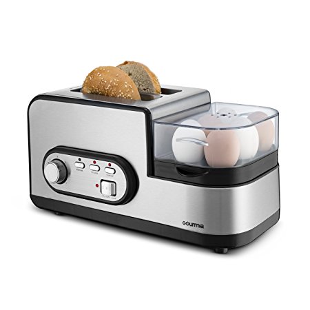 Gourmia GBF470 4 in 1 Breakfast Station - 2 Slice Toaster, Egg Cooker and Poacher, Vegetable Steamer, Bacon and Meat Steaming Tray - One Touch Controls - Stainless Steel