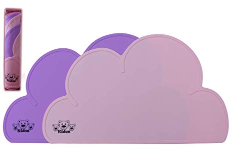 KIDOS Silicone Non Slip Cloud Placemat Kids Baby Toddlers|Set of 2|Reusable Easy Clean Waterproof Portable|Non-Toxic BPA Free FDA Approved Durable Material(Pink/Purple, 2 Pack)
