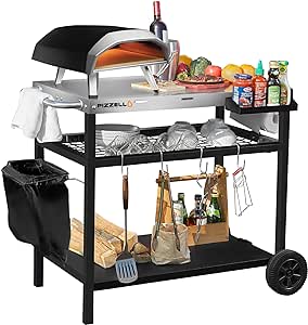 PIZZELLO Outdoor Grill Cart Three-Shelf Grill Table Movable BBQ Trolley Food Prep Carts Stainless Steel Multifunctional Worktable Island with Two Wheels, Hooks, Silver