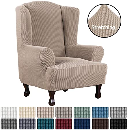 H.VERSAILTEX 1 Piece Super Stretch Stylish Furniture Cover/Wingback Chair Cover Slipcover Spandex Jacquard Checked Pattern, Super Soft Slipcover Machine Washable/Skid Resistance (Wing Chair, Sand)